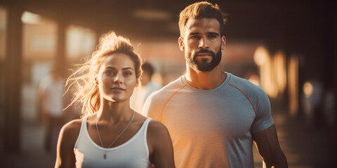 Wall Mural - A cheerful and fit couple in activewear jogging together outdoors, enjoying a healthy lifestyle.