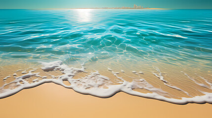 Sandy beach with light blue transparent water waves and sunlight, tranquil aerial beach scene