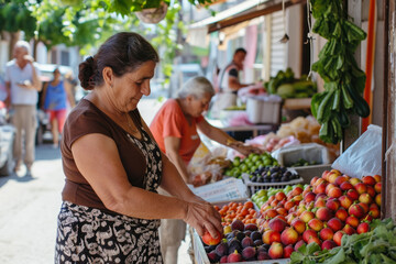 Wall Mural - woman buying figs from a fruit stand on a hot day. The vendor is wearing a brown shirt, and there are other people shopping nearby