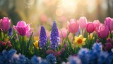 Spring flowers in sunny day in nature, Hyacinths, Crocuses, Daffodils, tulips,, Colorful natural spring background