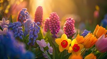Spring Flowers In Sunny Day In Nature, Hyacinths, Crocuses, Daffodils, Tulips,,Colorful Natural Spring Background,
