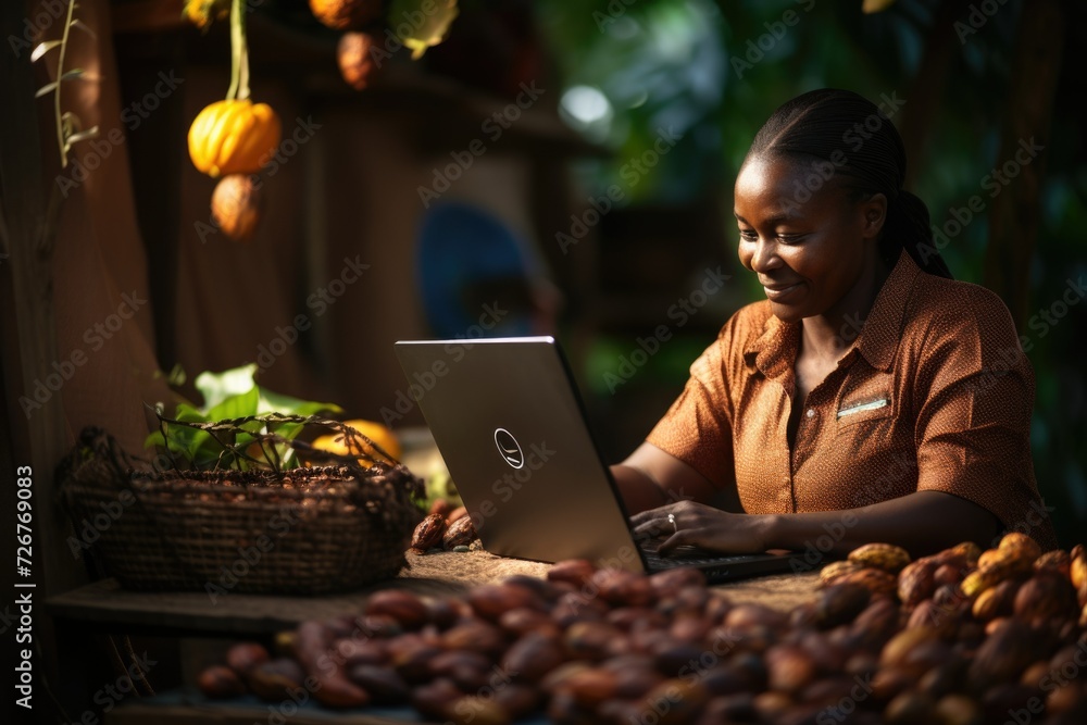 A dark-skinned woman works on a computer in a village yard. sale of ...