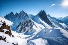 : Marvel At The Grandeur Of A Snow-capped Mountain Peak Piercing The Clear Blue Sky, With Pristine Slopes And Rugged Rocks Creating A Majestic Landscape
