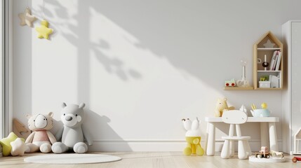 Mockup wall in the children's room,children's playroom on wall white color background.3d rendering