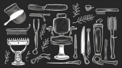 Wall Mural - Set of vintage barber shop elements. Monochrome linear style