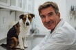 © Al - middle-aged man veterinarian in the office with a dog. treatment of animals. preventive examination.