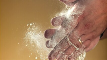 Sticker - The cook shakes his hands off the flour. Filmed on a high-speed camera at 1000 fps. High quality FullHD footage