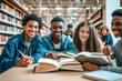 © Eva Corbella - Multiracial university students sitting together at table with books and laptop