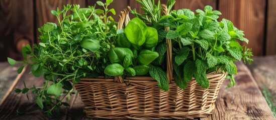 Canvas Print - Organic greens and herbs in a basket on a wooden background.