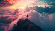 Mann steht auf einem Berg überall Wolken um ihn herum Sonnenaufgang oder Sonnenuntergang