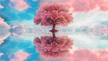A Pink Cherry Blossom Tree Stands Central, Surrounded By Blue Sky And White Clouds, With The Lower Part Of The Tree Mirrored By A Reflective Water Surface.

