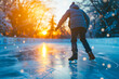 Man ice skating on ice rink in winter at sunset outside, golden hour