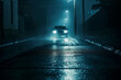 © MVProductions - Midnight road or alley with a car driving away in the distance. Wet hazy asphalt road. A crime midnight activity concept