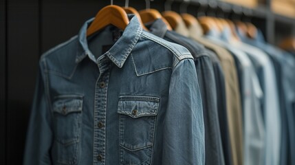 male stylish light blue jeans shirt isolated on a hanging background. Dark and light color long sleeve shirt