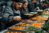 Fototapeta  - A casually dressed man prepares a mouth-watering fast food meal for a group of people in a bustling indoor market kitchen, with a wide array of delicious buffet options in the background