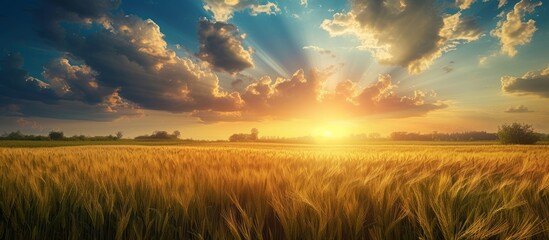 Wall Mural - Rural landscape featuring a wheat field beneath a stunning summer sky adorned with clouds.