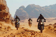 Group Of Bikers Riding Through A Mountain Pass At Sunset. The Riders Are Wearing Helmets And Leather Jackets, And There Are Snow-capped Peaks In The Background