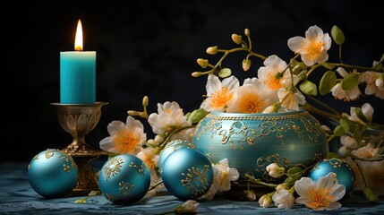 Easter candle and eggs, photo in light colors, plain background