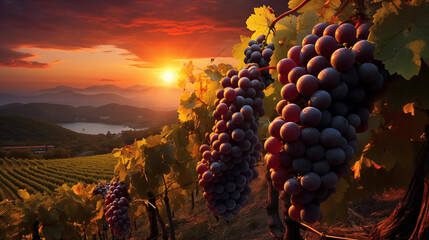 Wall Mural - Ripe grapes and vineyard in autumn