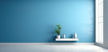 Extra wide blue virtual empty room background backdrop banner image with window for online presentations and zoom meetings