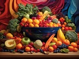 Fototapeta Kuchnia - Harvest Harmony: A Vibrant Composition Celebrating Nutrient-Rich Foods in a Balanced Palette for Optimal Health and Wellness