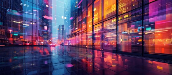 Wall Mural - Modern building exterior with colorful lighting and double exposure.