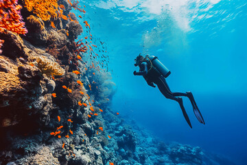 Scuba Diving in Tropical Ocean Coral Reef sea under water, scuba diver, Caribbean, Fiji, Maldives, snorkel, marine life, aquatic, aqua blue, dive, travel, tourism.