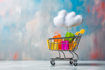 shopping cart with cloud for online shopping and digital marketing ideas. basket and promotional labels on white background shopping bag buy sell discount