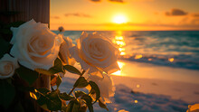 White Roses And Yellow Roses With Beach And Sunset Background, Daylight, Tranquility, Beauty.