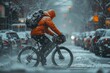 A brave cyclist braves the snowy streets, their bicycle wheel spinning through the wintry precipitation as they navigate the frozen landscape with determination and skill