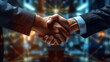© J - Two businessmen shaking hands to make a deal, digital AI Network.
