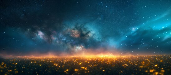 Wall Mural - night scene with blue sky, starry field, yellow city lights, and natural glowing stars of milky way.