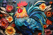 Layered paper art. Creative design of colorful beautiful cockerel in blue and red tones, in the style of quilling with flowers around