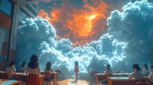 Animated Style Scene Of Girls In A Classroom With Dreams And Aspirations Forming Clouds Above Them 