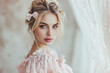 Attractive young blonde woman with vintage lace blouse posing with coquette fashionable outfit and looking at camera