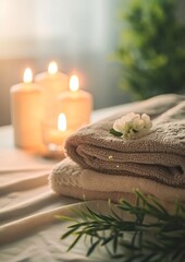 Wall Mural - Aromatherapy, atmosphere of relax, serenity and pleasure. Concept of spa treatment in salon. Natural organic essential oil, towel, burning candles. Anti-stress, detox procedure, wellne : Generative AI