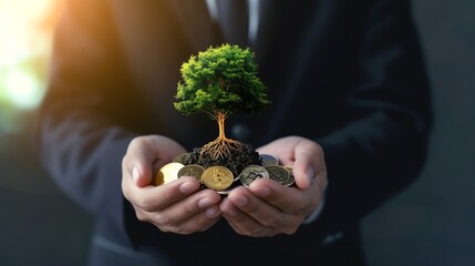 Poster - A businessman holding a coin with a tree that grows and a tree that grows on a pile of money. The idea of maximizing the profit from the business investment. : Generative AI