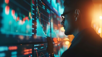 Poster - Finance trade manager analysing stock market indicators for best investment strategy, financial data and charts with business buildings in background : Generative AI