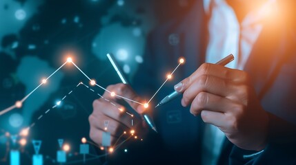 Poster - Businessman draw growth graph and progress of business and analyzing financial and investment data ,business planning and strategy on blue background. : Generative AI