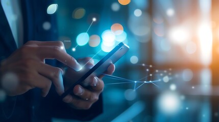 Leinwandbilder - Businessman using mobile smart phone. Business global internet connection application technology and digital marketing, Financial and banking, Digital link tech, big data. : Generative AI