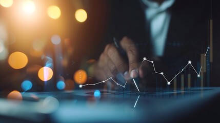 Leinwandbilder - Businessman draw growth graph analysing stock market profit on global business investment. Banking, financial planning management strategy for business growth and success on data netwo : Generative AI