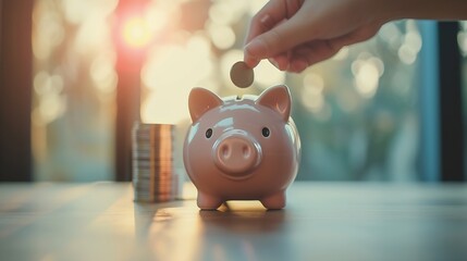 Poster - Hand putting coin to piggy bank : Generative AI