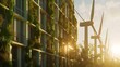 Exterior of a green sustainable building covered with blooming vertical hanging plants in front of wind turbines : Generative AI