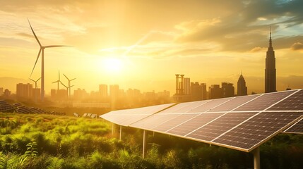 concept of sustainable energy solution in beautifull sunset backlight. frameless solar panels, batte