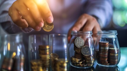Poster - businessman holding coins putting in glass. concept saving money for finance accounting to arrange coins into growing graphs concept. : Generative AI