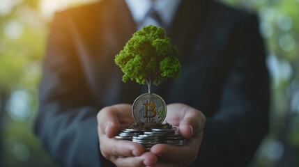 Poster - A businessman holding a coin with a tree that grows and a tree that grows on a pile of money. The idea of maximizing the profit from the business investment. : Generative AI