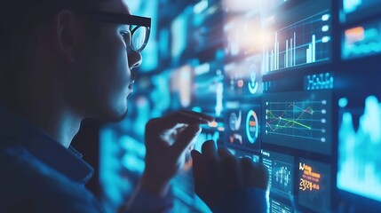 Poster - Businessman analyzes profitability of working companies with digital augmented reality graphics, positive indicators in 2024, businessman calculates financial data for long-term invest : Generative AI