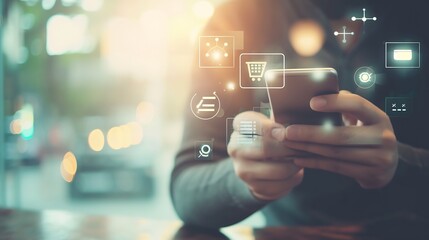 Leinwandbilder - Businessman online using mobile banking payment with financial application icons. Financial innovation technology develop smart e commerce service and growth digital transaction. Digit : Generative AI