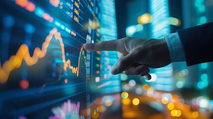 Poster - Finance trade manager analysing stock market indicators for best investment strategy, financial data and charts with business buildings in background : Generative AI