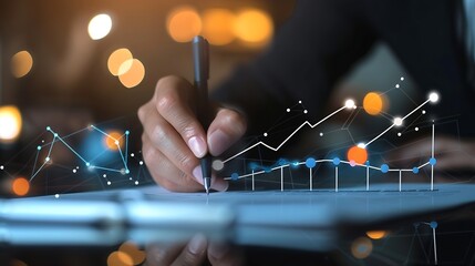 Poster - Businessman draw growth graph and progress of business and analyzing financial and investment data ,business planning and strategy on blue background. : Generative AI